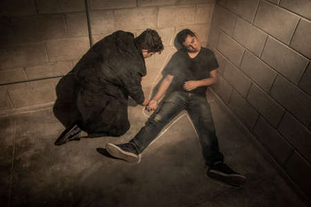 Dark and dramatic scene in a detective's office. heavy smoke. Detective working at a crime scene
