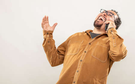 expression and people concept - Happy man with funny face over gray background. Adult over 40 years of age.の写真素材