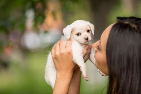 Beautiful young latin woman in the park with a small white puppy in her hands.