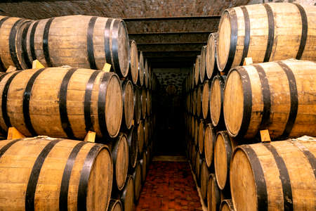 Wine barrels stacked in the old cellar of the winery.