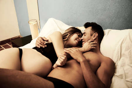 happy young couple in love. The privacy of their roomの写真素材