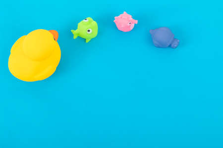 Detail of a child's favorite toys in blue background. Colored toys.の写真素材