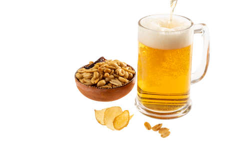 Mug of beer and a variety of delicious Mexican snacks in a white background.