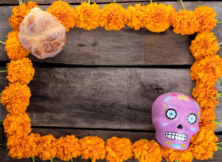 Composition with cempazuchitl flowers on rustic wooden table.の写真素材