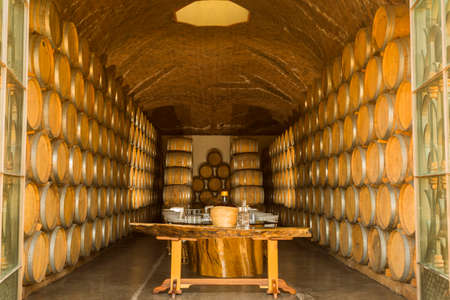 Wine barrels stacked in the old cellar of the winery.