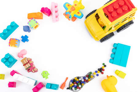 Floor detail with a lot of colored toys. The child's favorite toysの写真素材