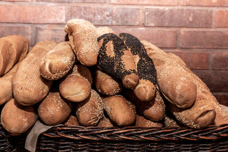 Detail of a basket with delicious hot handmade bread