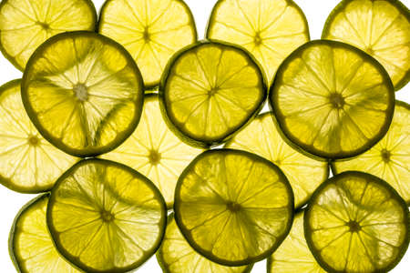 Texture detail of a many slices of lemon in white backgroundの写真素材