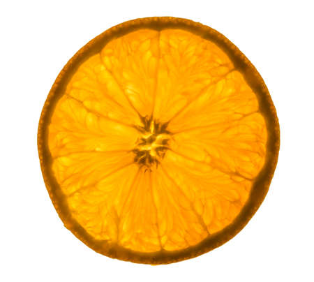 Texture detail of a slice of orange in white background