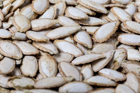 Texture detail of a lot of pumpkin seed with peel
