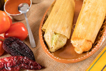 Typical Mexican food dishes with sauces on colorful table. Red mole tamalesの写真素材