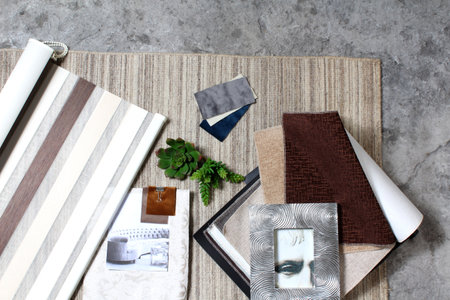 Open modern luxury home interior living room and stone fireplace.の写真素材