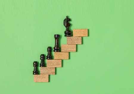 Chess pieces climbing ladder of wooden chips on green background, Ladder of success in business...