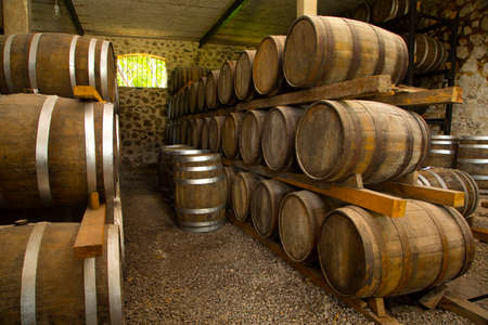Wine barrels stacked in the old cellar of the winery.