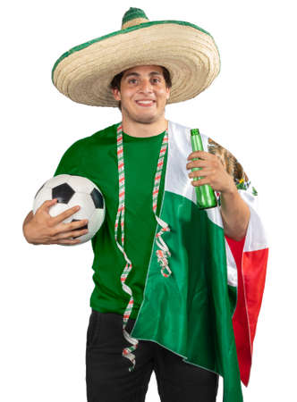 Young soccer fan with a ranger hat, a beer, soccer ball and a mexican flag after a football game.の写真素材