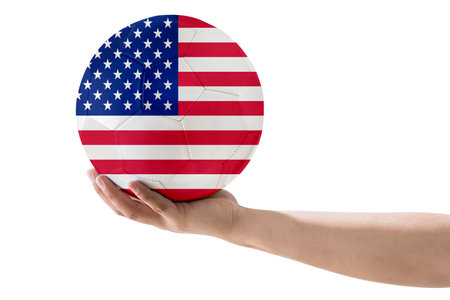 MAN'S HAND SOCCER BALL WITH United States COUNTRY FLAG ON WHITE BACKGROUND.の写真素材
