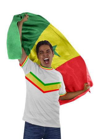 Soccer fan with the flag of his country Senegal and jersey shouting with emotion for the victory of his team on a white background.の写真素材