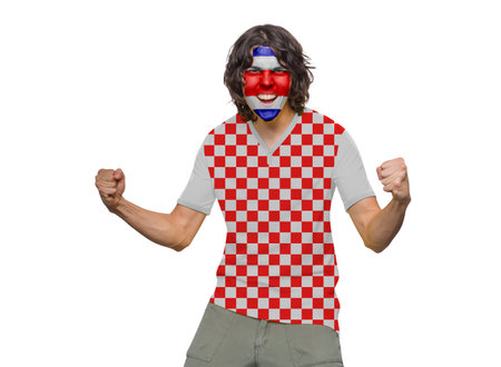 Soccer fan man with jersey and face painted with the flag of the Croatia team screaming with emotion on white background.の写真素材