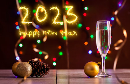 One glass with champagne on New Year's Eve party background wishing happy 2023.