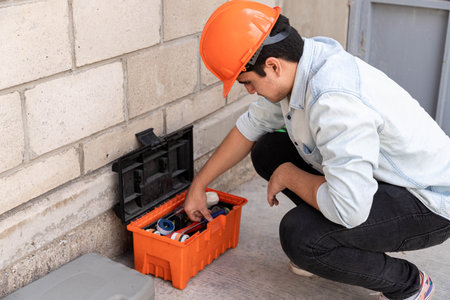 Young Latino engineer worker of the construction industry with an orange helmet getting out of his...