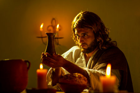 Representation of scenes of Jesus Christ during the last supper with his apostles with warm lights...