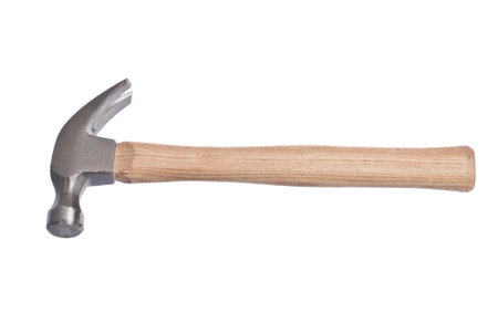 close up of steel hammer with wooden handle on white backgroundの写真素材