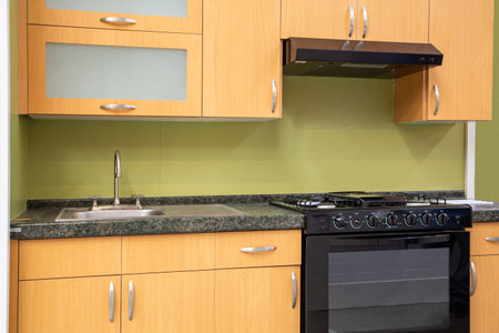 Shot of a Brand New Classical Walnut Kitchenの写真素材