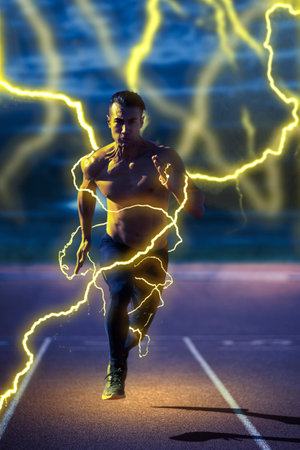 high performance athlete producing electrical energyの写真素材