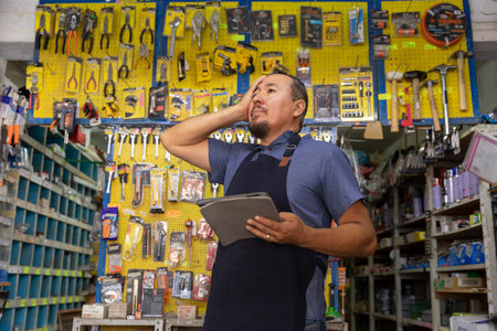 Handsome adult entrepreneur man in apron, with an expression of anger and frustration in his business full of hardware products.の写真素材