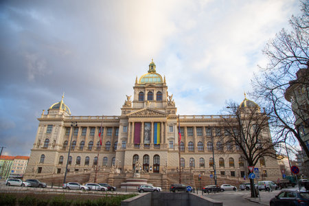 Front facade of the historic and famous National Museum in Prague during a beautiful cloudy afternoonの写真素材