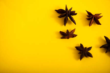 Star anise on yellow backgroundの写真素材