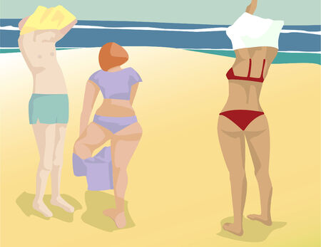 three sunbathers in a vintage graphic style vector file. Each figure as well as the beach are on their own layerのイラスト素材