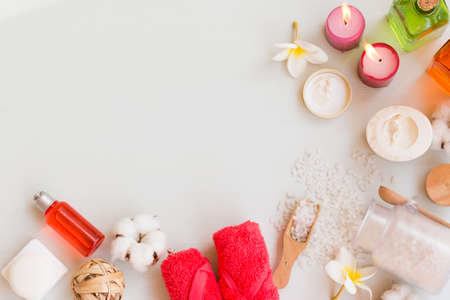 Set of bathroom accessory. Natural soaps, bath salt, sponges, lotions and cream. Top view point.の写真素材