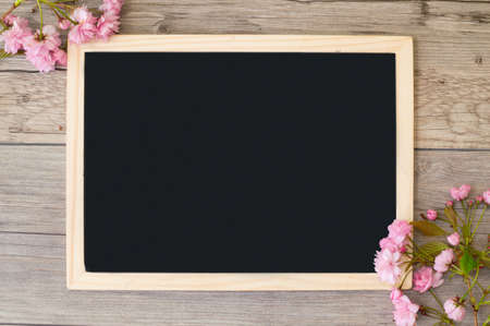 Branches of pink flowering sakura at the corners of the board. Copy space on blackboardの写真素材