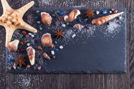 Food art idea for kids breakfast or dessert. Chocolate candies in the form of seafood on black backgroundの写真素材