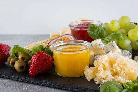 Set of different cheese appetizer on light gray background.の写真素材