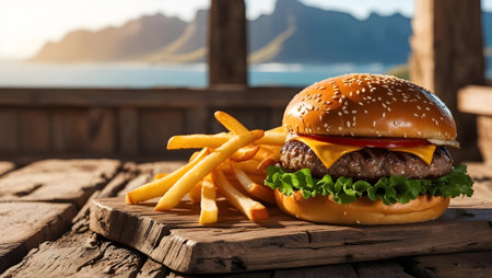 A mouthwatering cheeseburger with a sesame seed bun, juicy patty, melted cheese, and fresh lettuce is prominently displayed on a rustic wooden board,の写真素材