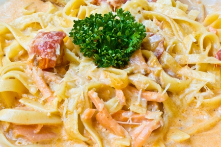 Close up delicious salmon fettuccine  Italian food  の写真素材