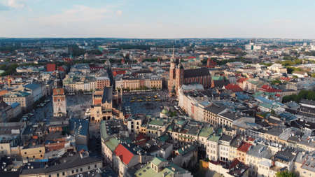 Aerial view of Krakow, the main square in the city center with St. Marys Church.の写真素材