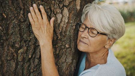 Old woman embracing an old tree. High quality photoの写真素材