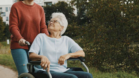 Adult granddaughter assisting her grandmother sitting in wheelchair in the park. High quality photoの写真素材