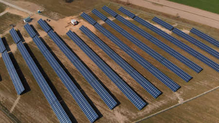 Aerial Shot Of Solar Energy Farm - Solar Panels.
