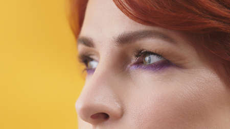 Close up of eyes with purple and gold eyeshadow of mature red hair woman. High quality photoの写真素材