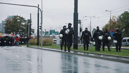 Warsaw, Poland 13.10.2020 - Protest of the Farmers Protestors on the streets surrounded by policemen. High quality photoのeditorial素材