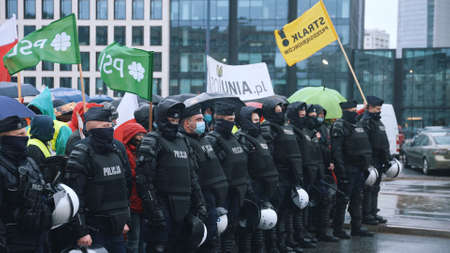 Warsaw, Poland 13.10.2020 - Protest of the Farmers People with PSL Agro Unia flags. High quality photoのeditorial素材