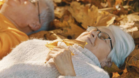 Elderly couple lying on the forest ground and playing with yellow autumn leaves. Love and romance in old age. High quality photoの写真素材