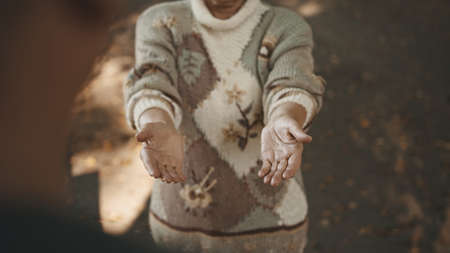 Old vulnerable homeless woman getting free charity meal. High quality photoの写真素材
