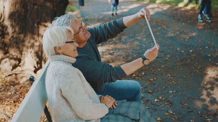 Mature couple in love taking selfie in forest on autumn day. Video call or browsing old photos. High...