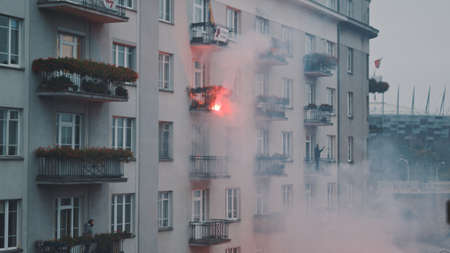 Smoke coming out of the appartment on fire. accident and disaster concept. High quality photoの写真素材