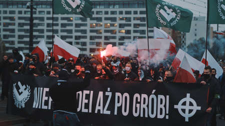 Warsaw, Poland 11.11.2020 - Independence day march on 102nd anniversary in Warsaw. . High quality photoのeditorial素材